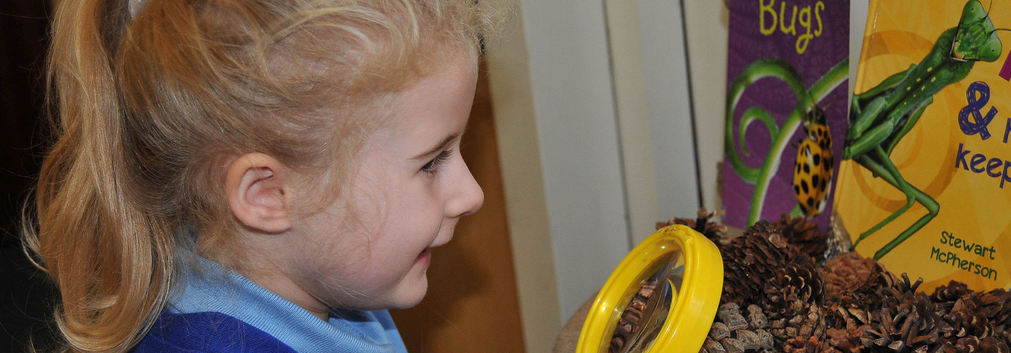 Young girl looking for bugs with magnifying glass